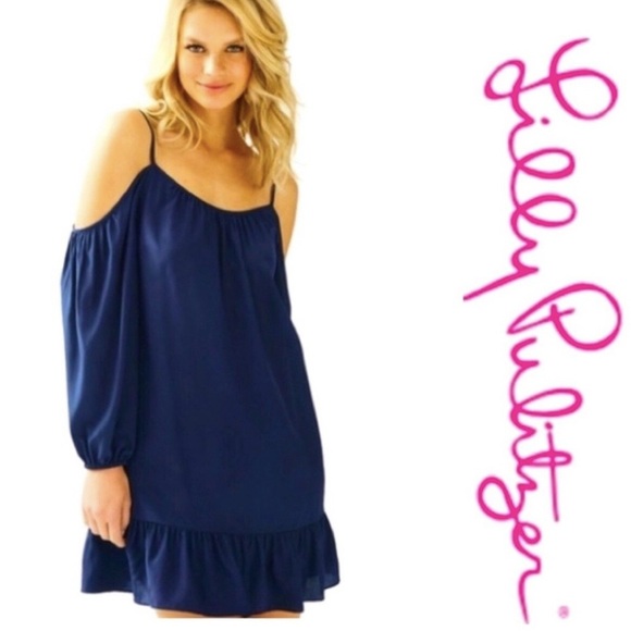 LILLY PULITZER Navy Blue 100% Silk Cold Shoulder Ruffled Mini Dress Peasant XS - Picture 1 of 12